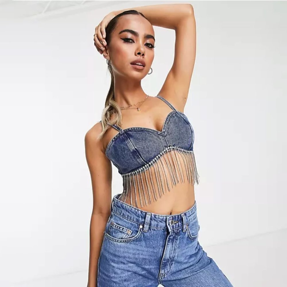 Miss Selfridge diamante fringe bralet in dark wash blue Cowboy Carter
